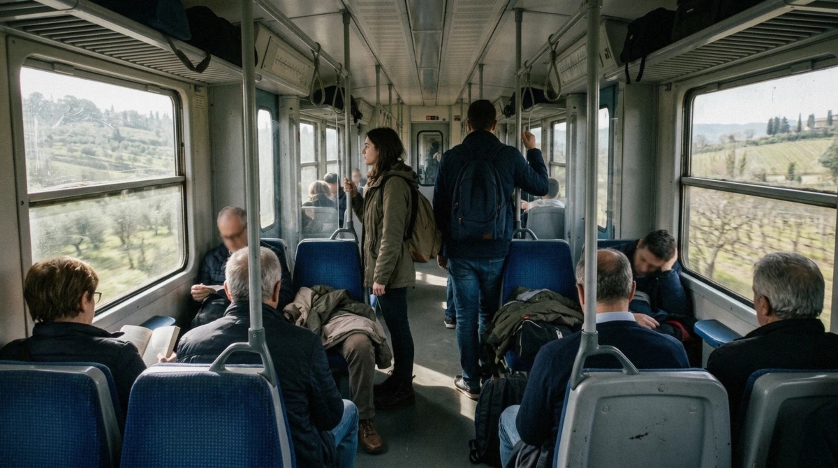 Passengers standing and seated in a busy commuter carriage on the Circumvesuviana line during a Pompeii tour from Sorrento, Campania, Italy