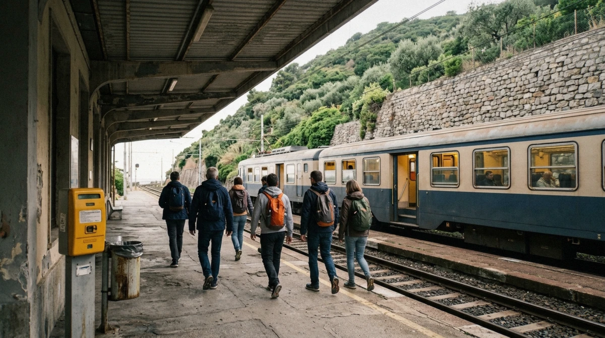 A local commuter train waiting at the platform of Sorrento station in the early morning at the start of a Pompeii tour from Sorrento, Campania, Italy