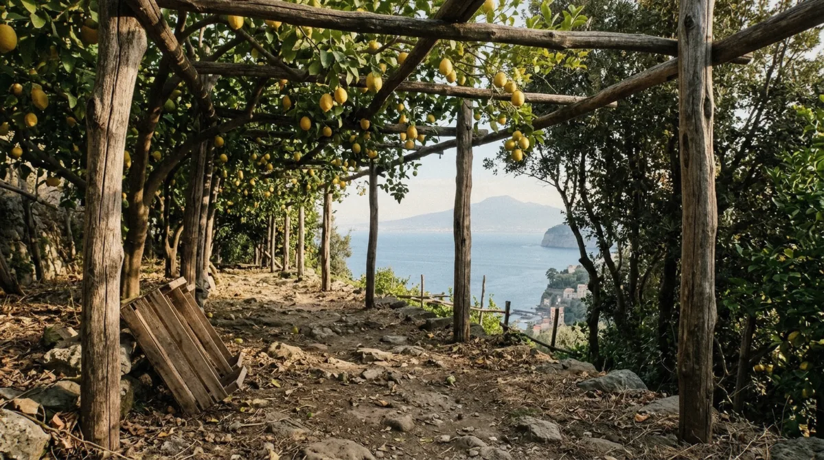 A lemon pergola above Sorrento in late afternoon light with the Bay of Naples and Vesuvius beyond, at the end of a Pompeii tour from Sorrento, Campania, Italy